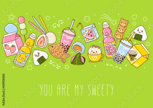 Horizontal border with cute asian food elements - cartoon illustration of traditional japanese sweets and drinks on green background for Your kawaii design