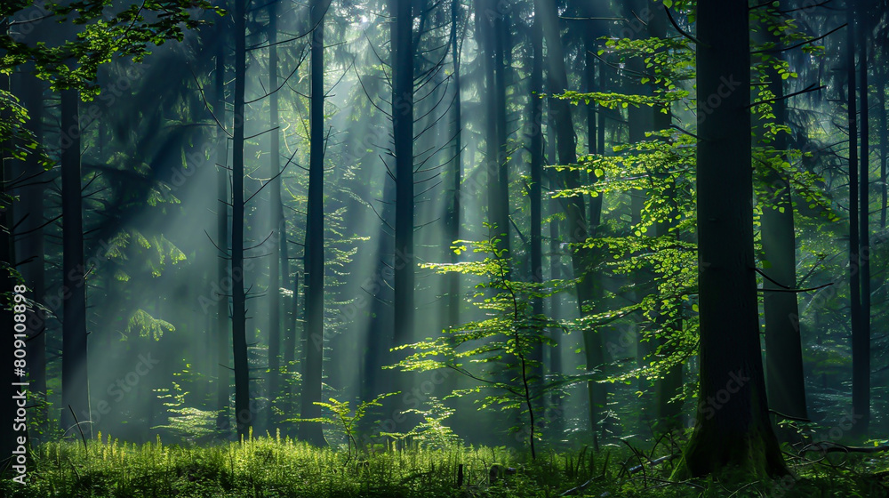 Fototapeta premium Sunlight Filtering Through Dense Forest Trees