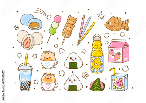 Set of cute asian food elements - cartoon illustration of traditional japanese sweets and drinks isolated on white background for Your kawaii design 2