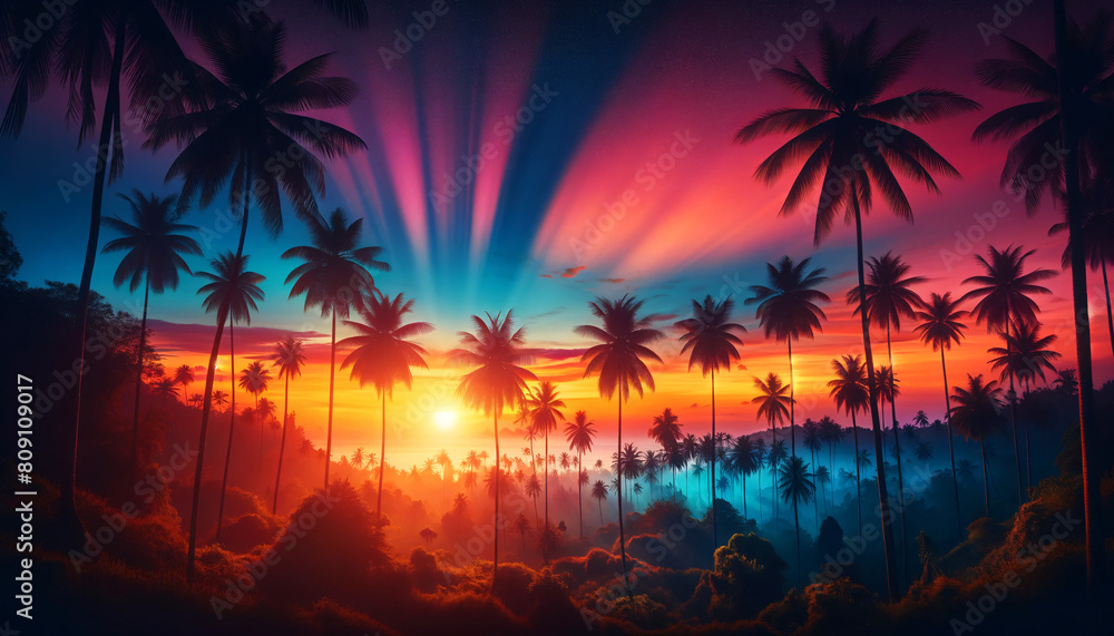 Naklejka premium A vibrant tropical sunset scene with a panoramic view, feature a range of palm trees in silhouette against a colorful sky