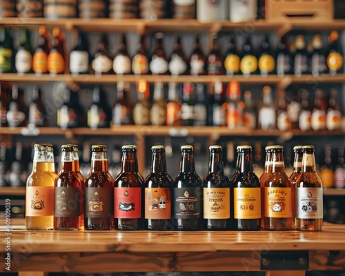 Diverse Craft Beer Varieties Showcased on Rustic Wooden Shelves in Cozy Brewery Setting