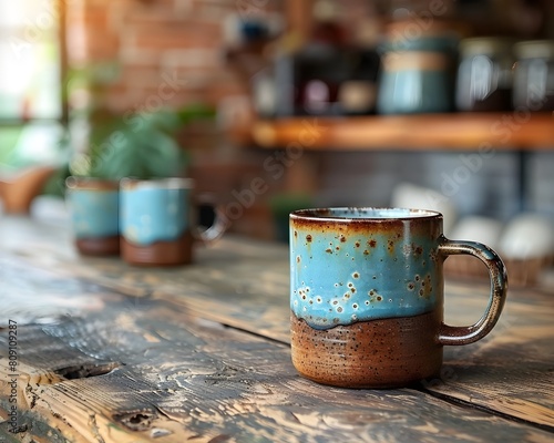 Rustic Handcrafted Mug on Wooden Table in Cozy Caf Setting with Organic Coffee Presentation