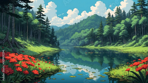 a lake with red flowers and mountains in the background photo