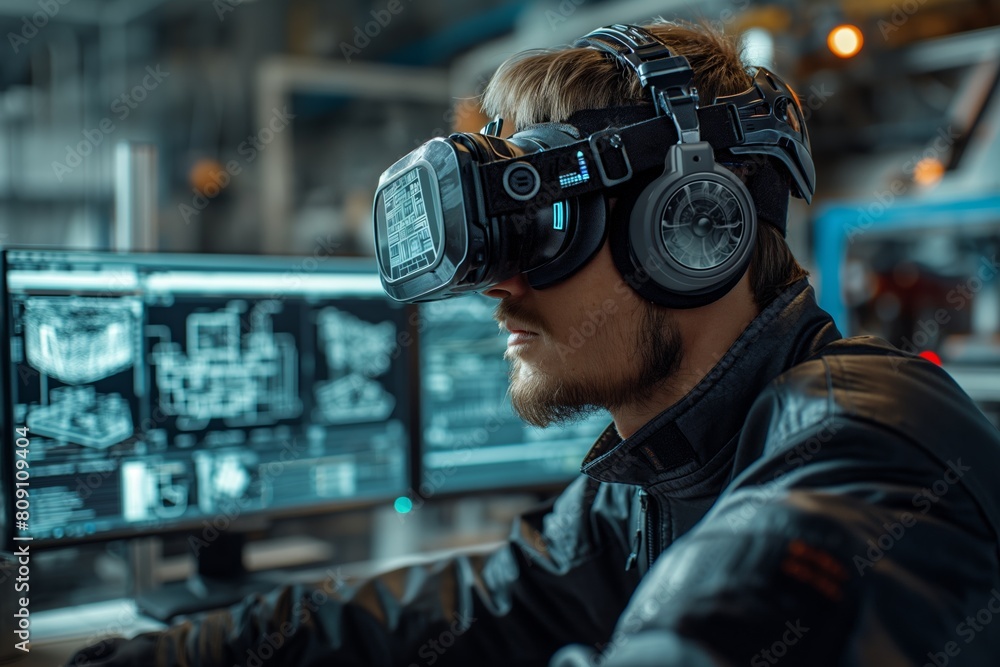 Man with VR headset analyzing data Man with VR headset analyzing data