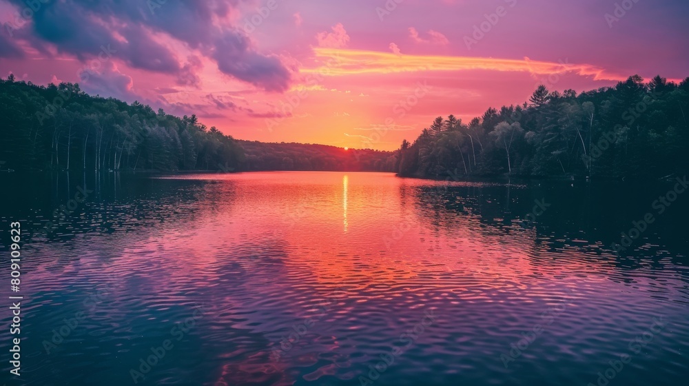 Majestic Sunset Over Tranquil Lake With Vivid Pink And Purple Sky Reflections. Generative AI Majestic Sunset Over Tranquil Lake With Vivid Pink And Purple Sky Reflections. Generative AI