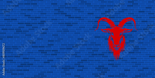 Blue Brick Wall with large red goat symbol. The symbol is located on the right, on the left there is empty space for your content. Vector illustration on blue background