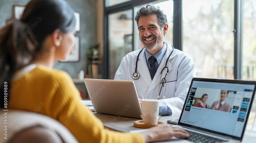 Smiling Doctor in White Coat Consulting Patient in Modern Office Smiling Doctor in White Coat Consulting Patient in Modern Office