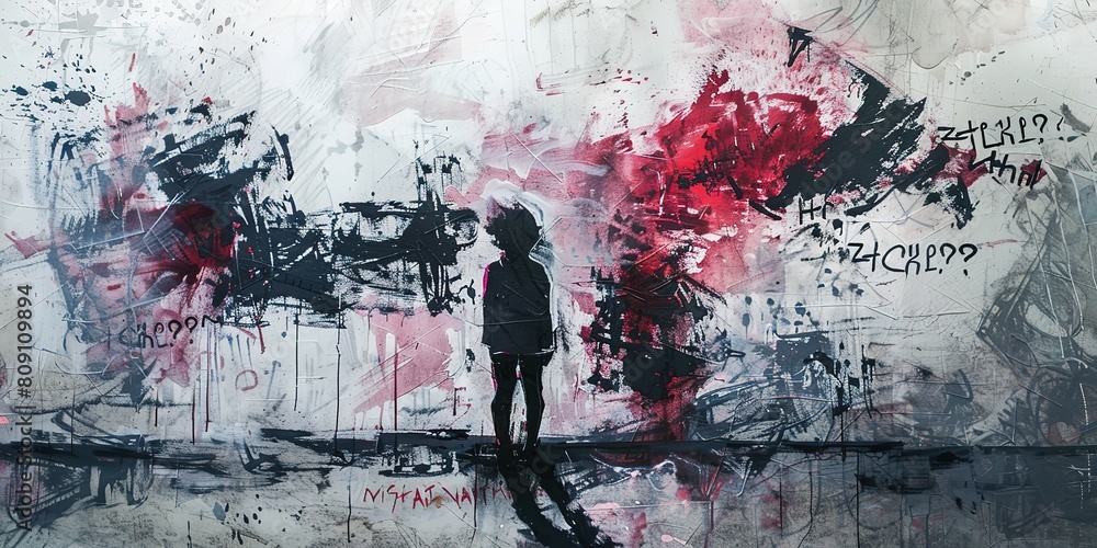 Obraz premium artful graffiti style illustration, children dream and hope concept, young child with messy grungy wall, Generative Ai