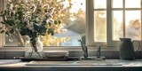 White ceramic kitchen counter sink in front of window with a tray of plates and green plants in glass vase, large empty clean counter space for product display.