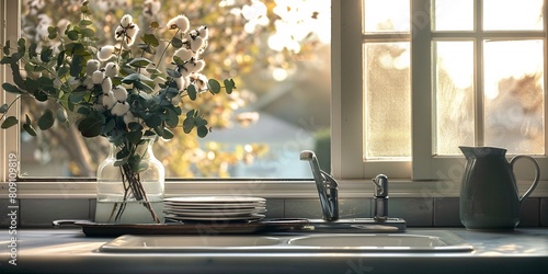 White ceramic kitchen counter sink in front of window with a tray of plates and green plants in glass vase, large empty clean counter space for product display. photo