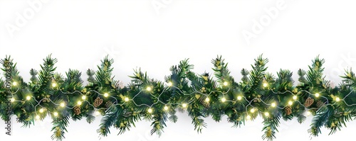 Empty frame of decorative christmas border with coniferous branches and garlands of christmas lights isolated on white background, for Christmas banner, cards, website, gift, frame.