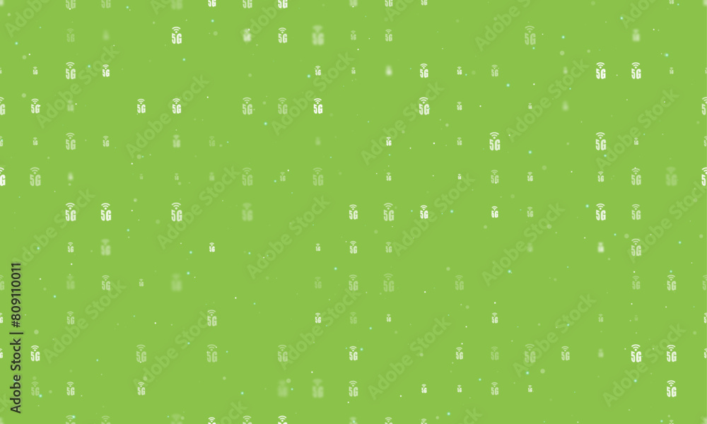 Seamless background pattern of evenly spaced white 5G symbols of different sizes and opacity. Vector illustration on light green background with stars Seamless background pattern of evenly spaced white 5G symbols of different sizes and opacity. Vector illustration on light green background with stars