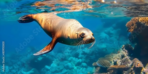 Observing a Galapagos fur seal swimming in tropical waters during scuba diving. Concept Galapagos  Fur Seal  Scuba Diving  Tropical Waters  Wildlife Observation