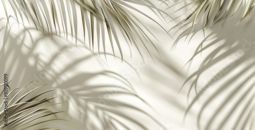 Abstract background with shadows of palm leaves on a white wall, in light beige and gray colors, with a soft shadow effect, in a tropical style.