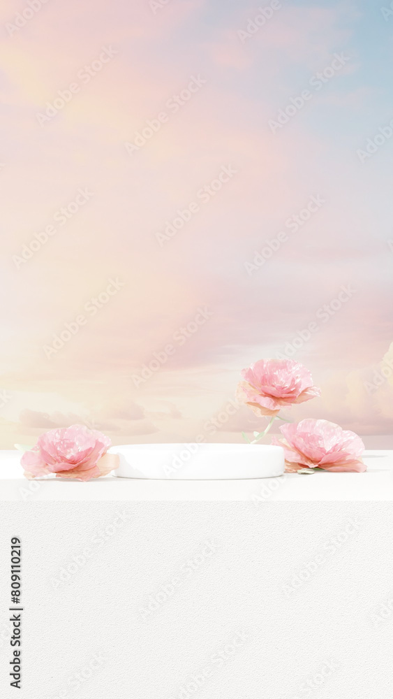3D rendering image illustration of empty space podium display for product mockup flower background in landscape 3D rendering image illustration of empty space podium display for product mockup flower background in landscape
