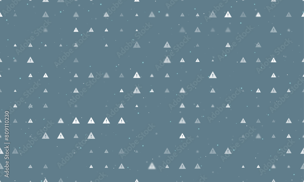 Seamless background pattern of evenly spaced white warning symbols of different sizes and opacity. Vector illustration on blue grey background with stars Seamless background pattern of evenly spaced white warning symbols of different sizes and opacity. Vector illustration on blue grey background with stars