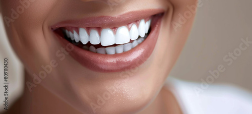 Close up of beautiful woman smiling with white teeth, healthy and clean mouth closeup photo