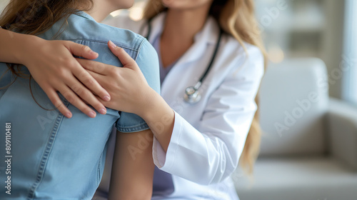 Compassionate Female Doctor Comforting Patient in Clinic