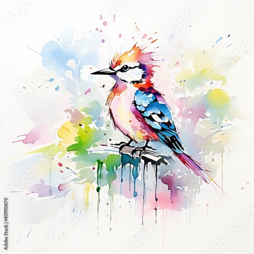 A beautiful watercolor painting of a bird with bright, vibrant colors. photo