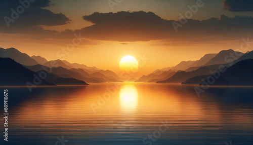 Peaceful sunset scene over a tranquil lake, flanked by silhouette mountain ranges under a warm, orange-hued sky