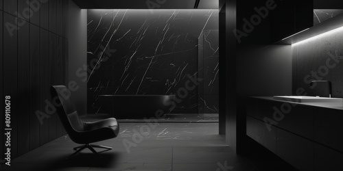 A straightforward black and white image capturing the interior of a simple bathroom, featuring a sink, mirror, toilet, and shower photo