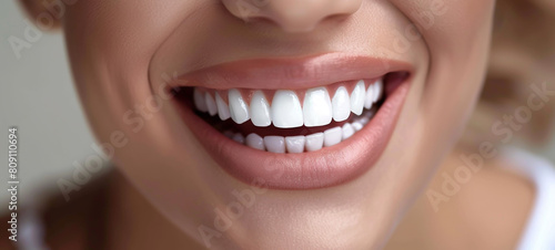 Close up of beautiful woman smiling with white teeth, healthy and clean mouth closeup photo