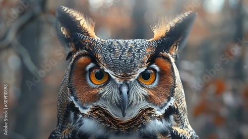 Showcase leadership principles in an animated sequence, highlighting the commanding presence of a wise owl's frontal view, symbolizing sagacity and direction. photo