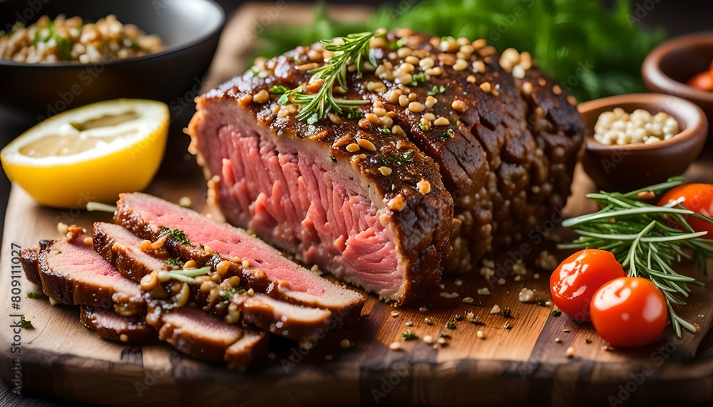 Roasted beef with herbed bread crust sliced on board
