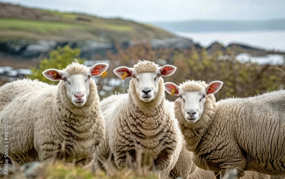 Fototapeta premium Trio of Curious Sheep by the Sea