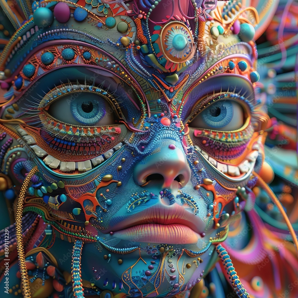 Stunning digital artwork depicting an  face with intricate patterns and vivid colors, carnival mask
