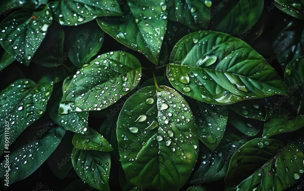 Fototapeta premium Fresh Dew on Lush Green Leaves