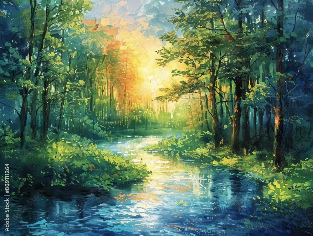 Craft a visual ode to Earths harmony by depicting a river serenading the forest, intertwining music expressions and environmental conservation in a serene, Impressionistic scene