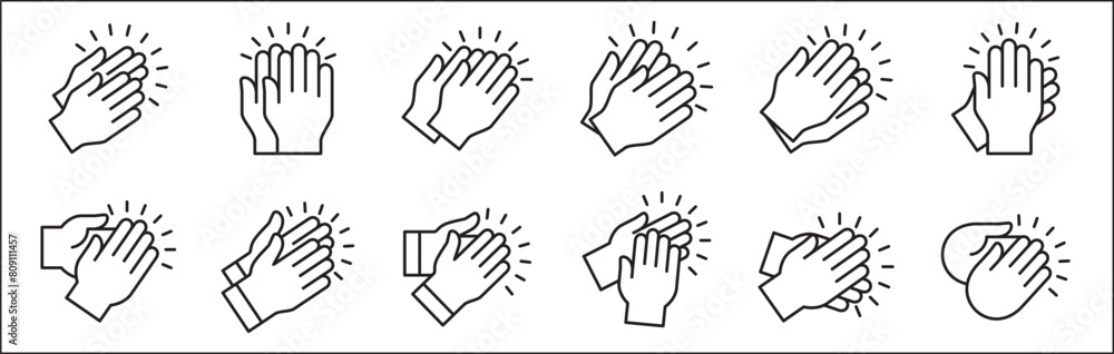 Hand clapping icon. Applause symbol. Hand claps icon set symbol of acclamation, compliment, appreciation, ovation, bravo, congratulation. Sign of applaud in outline graphic design and illustration. Hand clapping icon. Applause symbol. Hand claps icon set symbol of acclamation, compliment, appreciation, ovation, bravo, congratulation. Sign of applaud in outline graphic design and illustration.