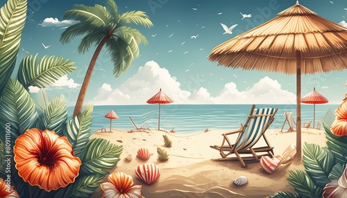 depicting a vibrant summer holiday scene against a serene sky blue background, featuring iconic beach as palm trees, beach chairs, umbrellas, and seashells. Art 3d rendered painting background