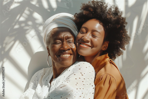 Black family old senior mother and happy daughter hugging together. Senior African American woman with her child portrait photo