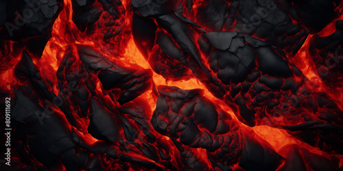Lava molten texture, volcano rock fire magma background. Volcanic liquid red lava flow crack pattern. Black ground heat flame eruption