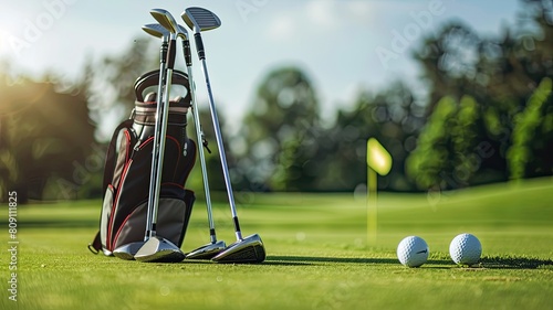 A golf set leaning against a golf bag