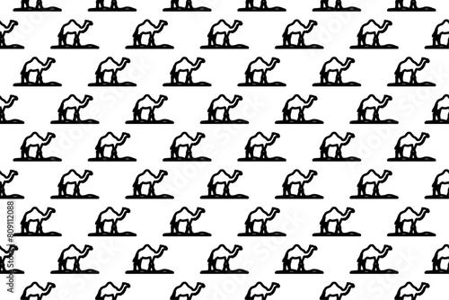 Seamless pattern completely filled with outlines of wild camel symbols. Elements are evenly spaced. Vector illustration on white background