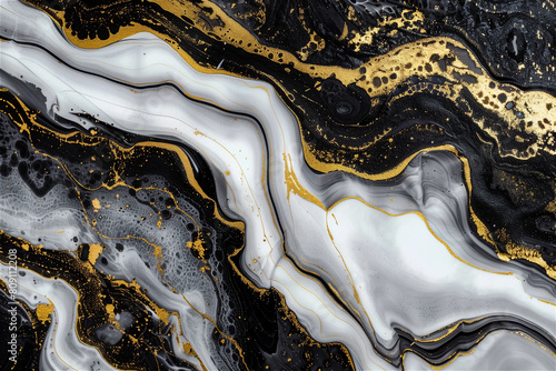 Marble suminagashi gold ink abstract background. Black gold liquid ecru brush texture pattern. Winter oriental Chinese acrylic painting stone paper texture