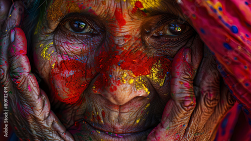 close up of a color festival scene in india, face with colors, colored background