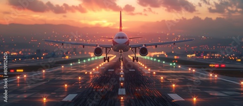 Airplane on runway at sunset photo