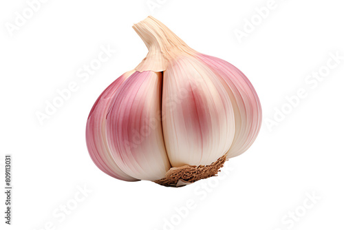 A photo of a garlic bulb with the outer skin removed, sitting on a black background. photo