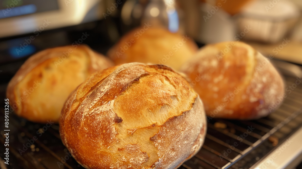 Freshly baked breads in the oven, tabletop photography of fresh baked traditional bread. 