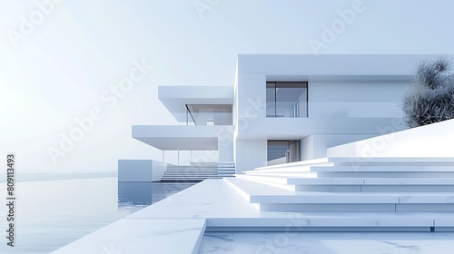 A contemporary white structure harmonizing with its surroundings in perfect balance
