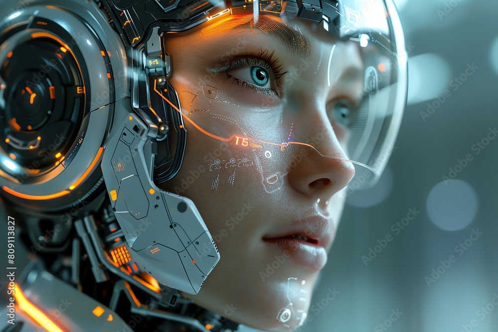 Female AI robot face with high-technology, bokeh Female AI robot face with high-technology, bokeh