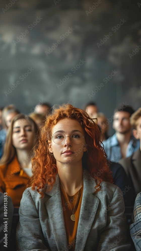 Confident Redhead Woman Addresses Attentive Audience at Professional Communication Workshop Confident Redhead Woman Addresses Attentive Audience at Professional Communication Workshop