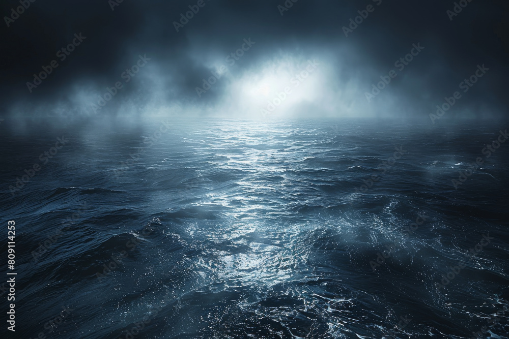 Mysterious Ocean at Night with Fog and Moonlit Waves