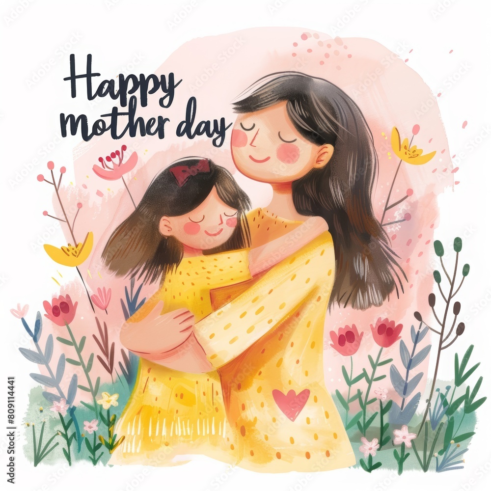 Mother's Day celebration, a mother and daughter hugging, pastel colors with a pink background, the text Mother's Day celebration, a mother and daughter hugging, pastel colors with a pink background, the text