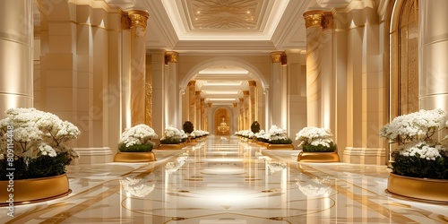 Luxurious Grand Hallway with White Marble Floors  Gold Columns  and White Flowers. Concept Luxury Interior Design  Elegance in Decor  Opulent Aesthetics  Extravagant Home Decor  Grand Hallway Design