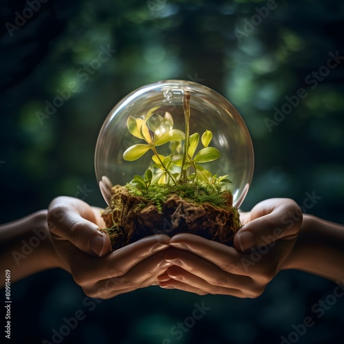 Hands holding ecofriendly light bulb with a miniature garden inside. Generative AI.